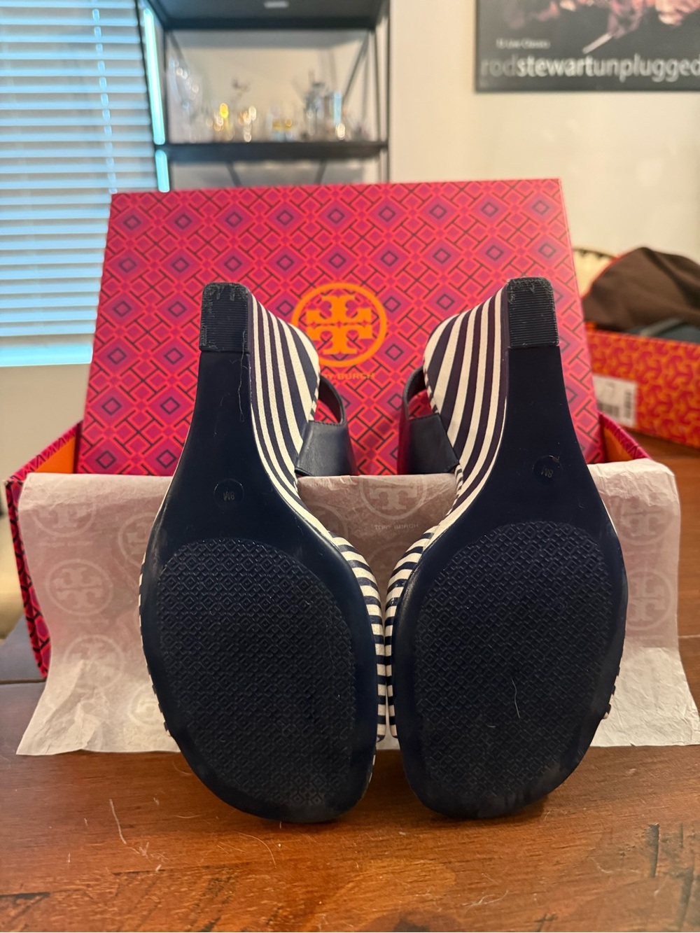 Tory Burch Navy and White Striped Boat Shoe Sandals